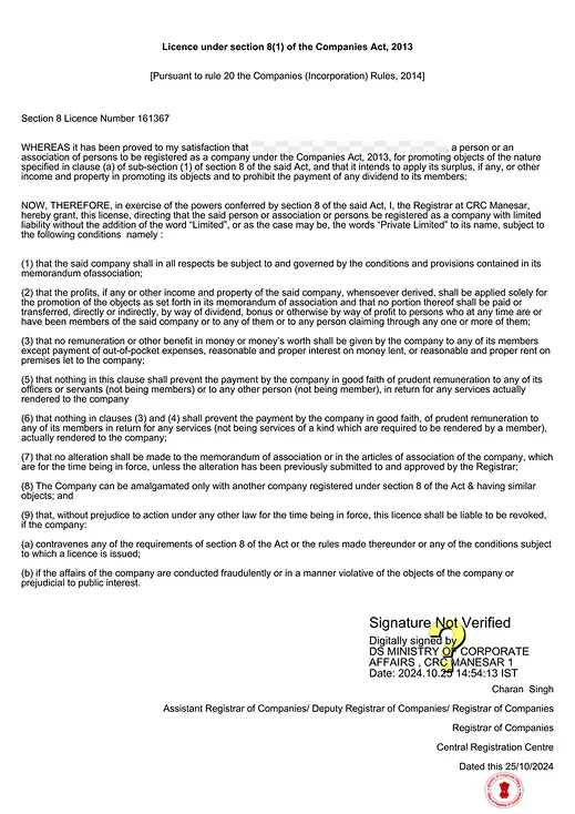 LICENCE UNDER SECTION 8