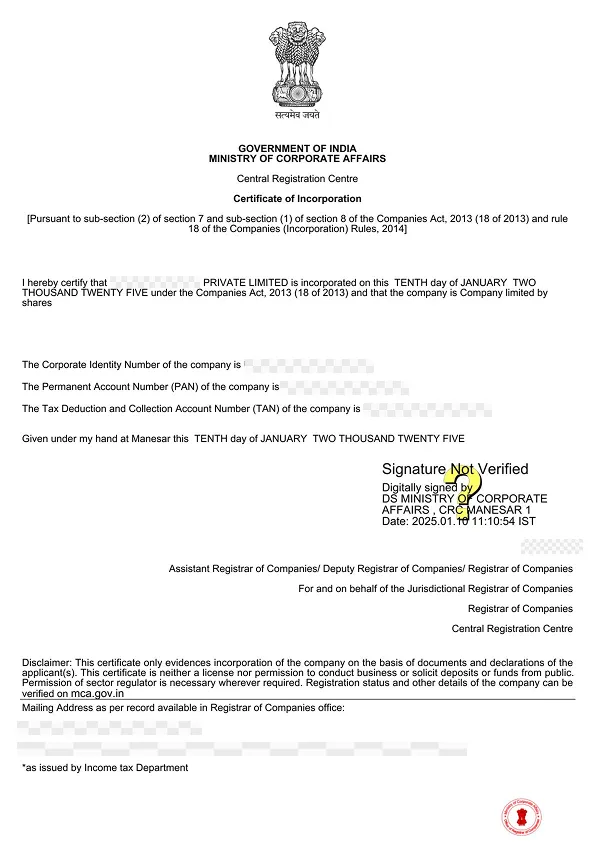 CERTIFICATE OF INCORPORATION (SEC 8)